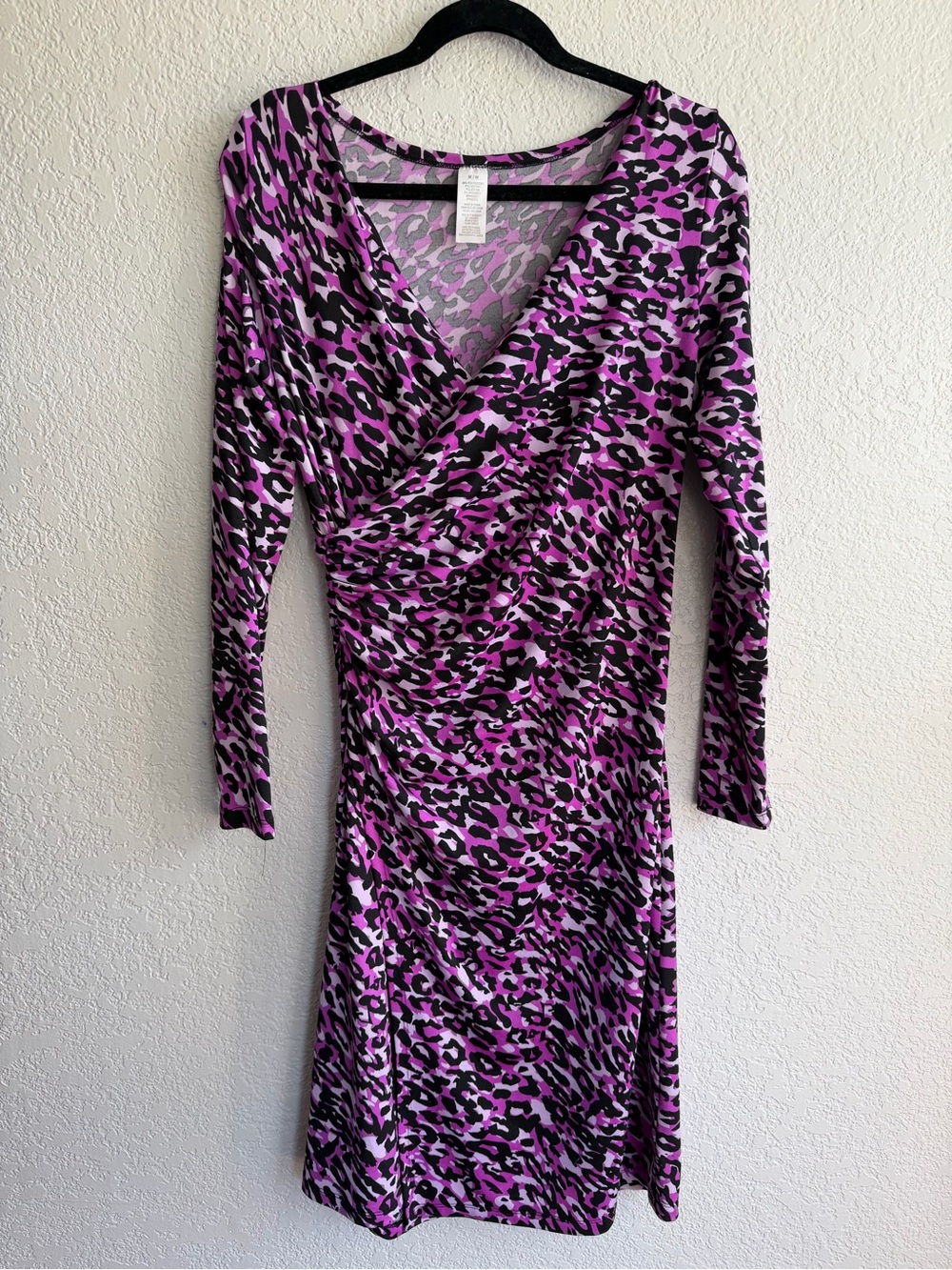 Purple Leopard Print Long Sleeve Wrap-Style Dress